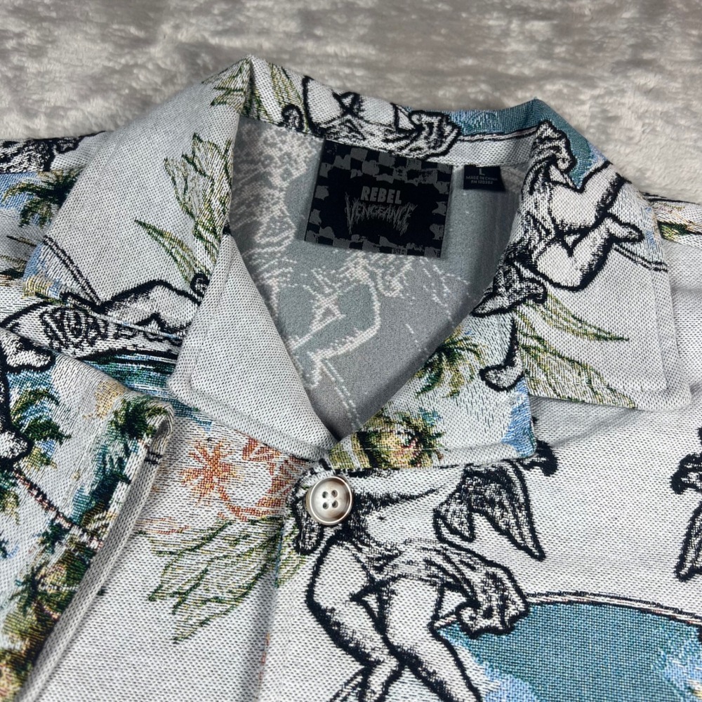 Rebel Vengeance Men's L Large Shirt Blue Tapestry Cherub Angel Woven Camp Collar